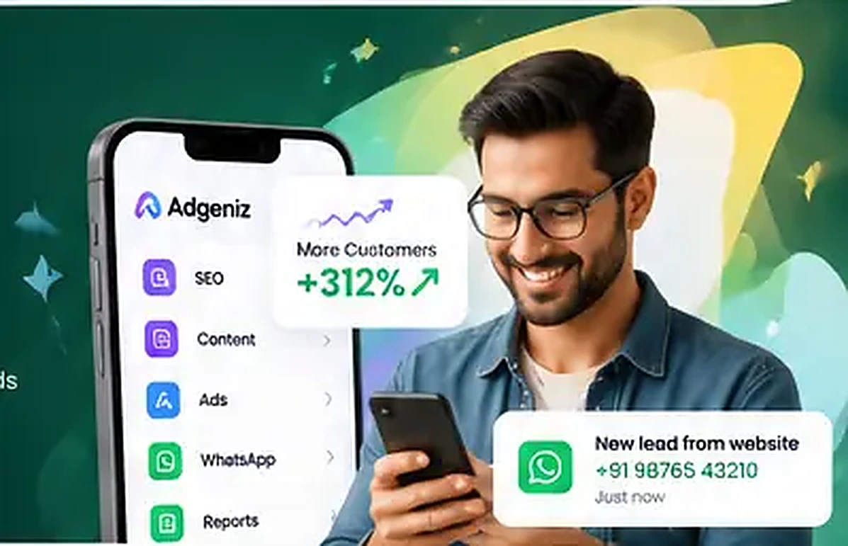Illustrative mobile Adgeniz workflow with a customer notification and marketing dashboard